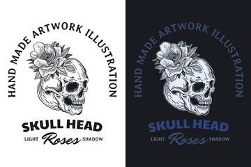 Set Skull Rose Dark illustration Beast Skull Bones Head Hand drawn Hatching Outline Symbol Tattoo Merchandise T-shirt Merch vintage