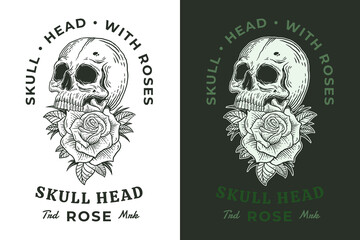 Set Skull Rose Dark illustration Beast Skull Bones Head Hand drawn Hatching Outline Symbol Tattoo Merchandise T-shirt Merch vintage