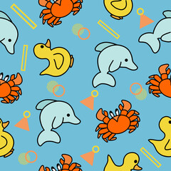 Cute Animal Duck Dolphin and Crab Seamless Pattern doodle for Kids and baby