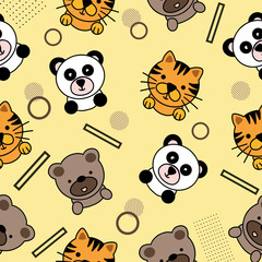 Cute Animal Tiger Panda and Bear Seamless Pattern doodle for Kids and baby