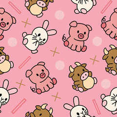 Cute Animal Pig Rabbit and Cow Seamless Pattern doodle for Kids and baby