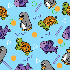 Cute Animal Penguin Turtle and Fish Seamless Pattern doodle for Kids and baby