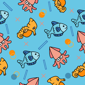 Cute Animal Sea Horse Fish and Squid Seamless Pattern doodle for Kids and baby