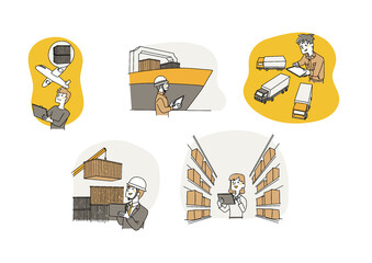 タブレットを利用し、ITソリューションで物流をコントロールする人々のセット　温かみのある手書きの人物