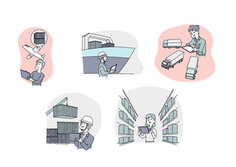 タブレットを利用し、ITソリューションで物流をコントロールする人々のセット　温かみのある手書きの人物