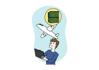 飛行機で荷物を送る男性　ITソリューションで物流をコントロールする　温かみのある手書きの人物