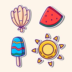 Cute summer sticker set, tropical holiday sticker collection, cute summer vacation doodle icon pack