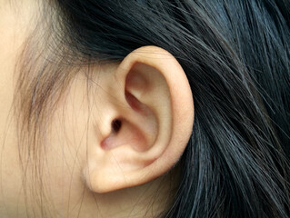 closeup picture of young woman ear,side auricle and black hair of a girl.