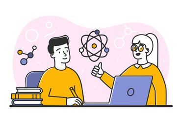 Young scientists concept. Man and girl near laptop discussing theory and structure of substances. Characters in laboratory come up with experiments, innovations. Cartoon flat vector illustration