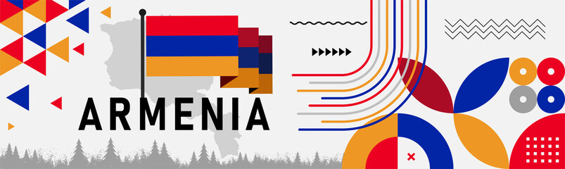 Armenia national day banner with Armenian map, flag colors theme background and geometric abstract retro modern blue red yellow design. Yerevan Vector Illustration.