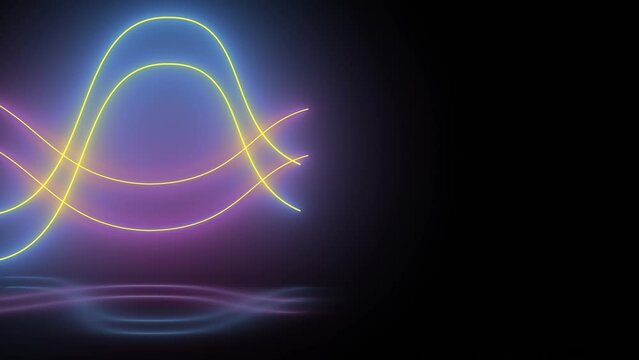 4k abstract neon background; wavy colorful glowing line spinning around.Multicolored signal spectrum;laser show.Animated screen light lines; performance background;chaotic waves.