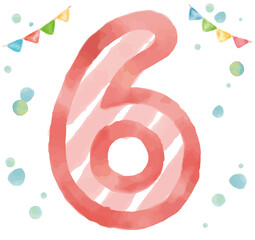 水彩画風、数字の6。ベクターイラスト素材。