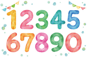水彩画風、数字のセット。ベクターイラスト素材。