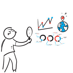 Obraz na płótnie Canvas hand drawn doodle man holding magnifying glass analyze graph and chart illustration