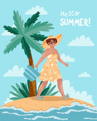 Obraz na płótnie Canvas A girl in a yellow dress and hat walks along the beach. Around palm trees and bushes. Drawn in cartoon style. Vector illustration for designs, prints, patterns. Summer landscape in the background