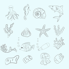 Sea animal doodles, under the sea ocean creature vector collection