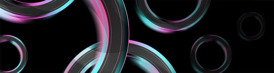 Blue and purple glossy circles abstract geometric concept background. Vector banner design