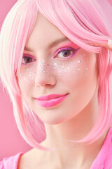 pink makeup and hairstyle