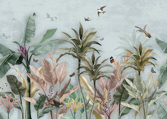 sky wallpaper palm  tropical forest vintage jungle pattern with birds - obrazy, fototapety, plakaty