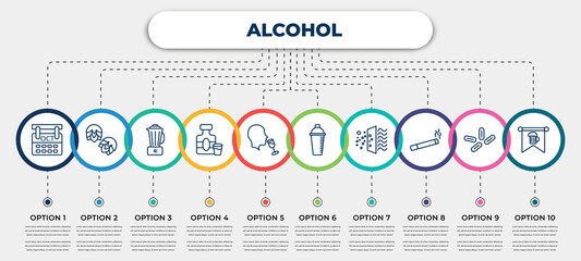 vector infographic template with icons and 10 options or steps. infographic for alcohol concept. included october, hop, blender, whisky, wine tasting, shaker, filtration, cigarette, oktoberfest. - obrazy, fototapety, plakaty