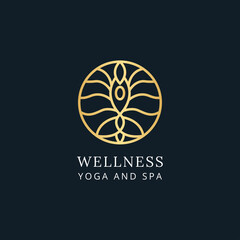 A line art minimal icon logo of a yoga person with tree