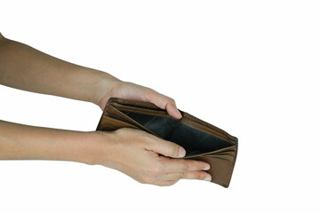 The man opened his brown wallet with no money in his pocket. He was in need, did not have enough money to spend, and was in debt.