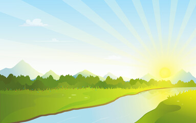 Obraz na płótnie Canvas Nature landscape of riverside during sunrise on horizon, mountains and river scenery vector illustration.