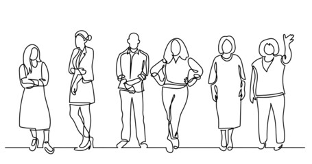 continuous line drawing of diverse group of standing people