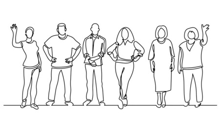 continuous line drawing of diverse group of standing people