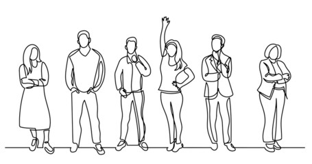 continuous line drawing of diverse group of standing people