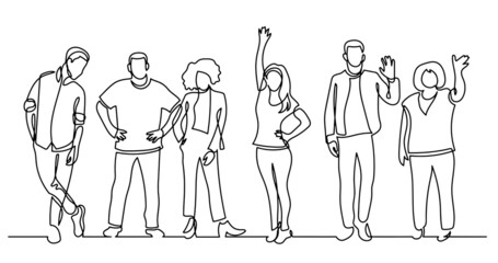 continuous line drawing of diverse group of standing people