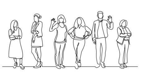 continuous line drawing of diverse group of standing people