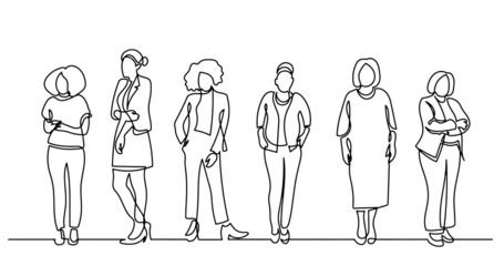 continuous line drawing of diverse group of standing people
