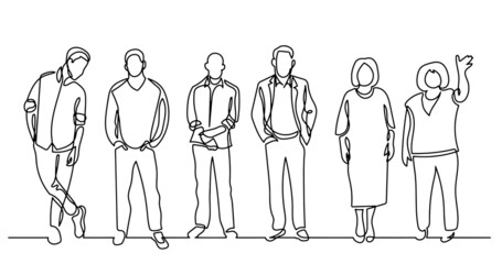 continuous line drawing of diverse group of standing people
