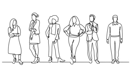 continuous line drawing of diverse group of standing people