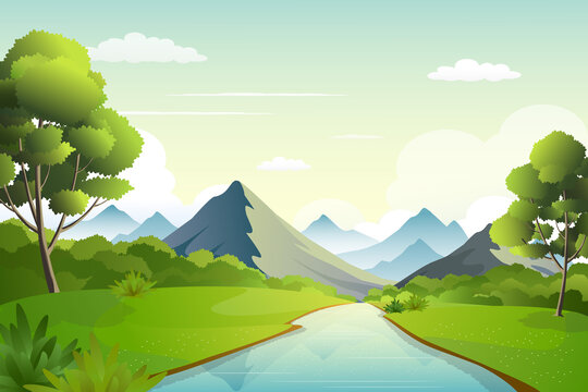 Nature landscape of riverside with mountain range on horizon, green bushes and river scenery vector illustration.