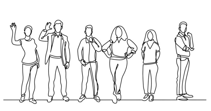 continuous line drawing of diverse group of standing people