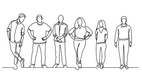 continuous line drawing of diverse group of standing people