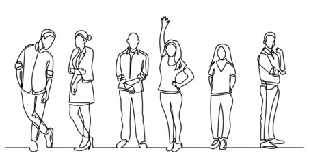 continuous line drawing of diverse group of standing people