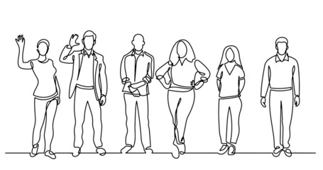 continuous line drawing of diverse group of standing people