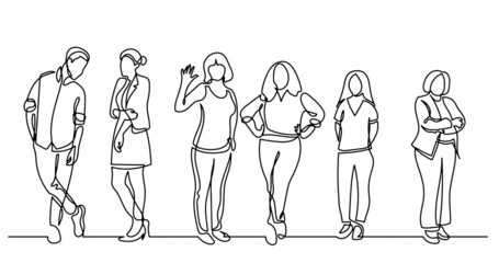 continuous line drawing of diverse group of standing people