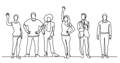 continuous line drawing of diverse group of standing people