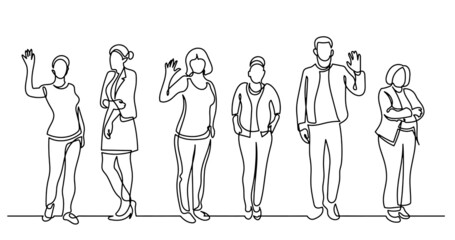 continuous line drawing of diverse group of standing people