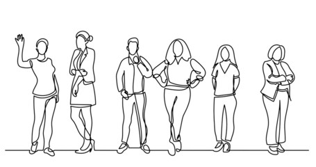 continuous line drawing of diverse group of standing people