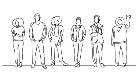 continuous line drawing of diverse group of standing people