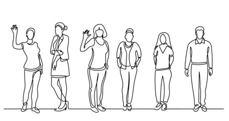 continuous line drawing of diverse group of standing people