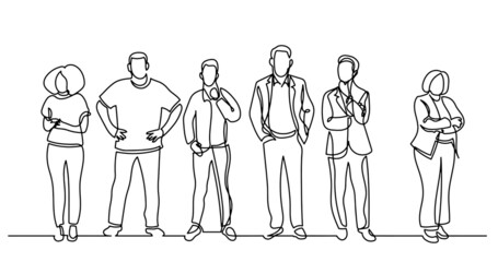 continuous line drawing of diverse group of standing people