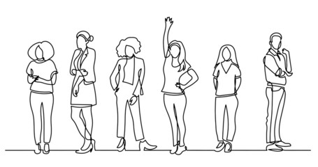 continuous line drawing of diverse group of standing people