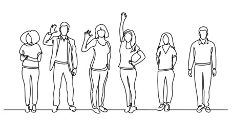 continuous line drawing of diverse group of standing people