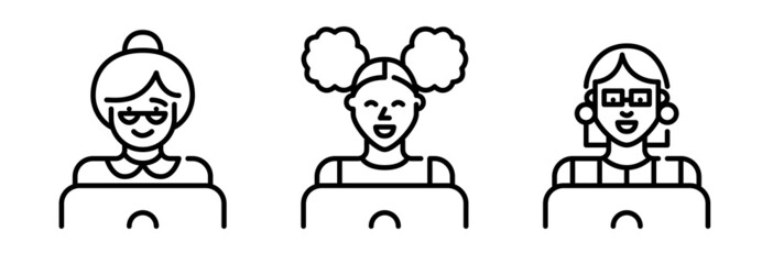 Women of different ages working or learning at laptops. Pixel perfect, editable stroke line art icons